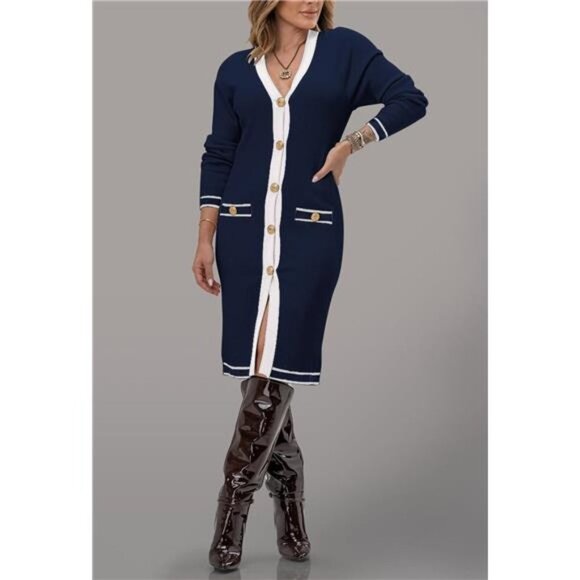 Navy Sexy Button Down Midi Sweater Dress V-Neck Colorblock Knit Sweater Dress - Picture 4 of 7